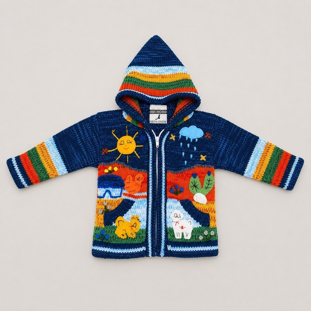 Grupo Condor Peruvian Kids Hooded Sweater Jacket Wool Alpaca Knit Llama 6-12M